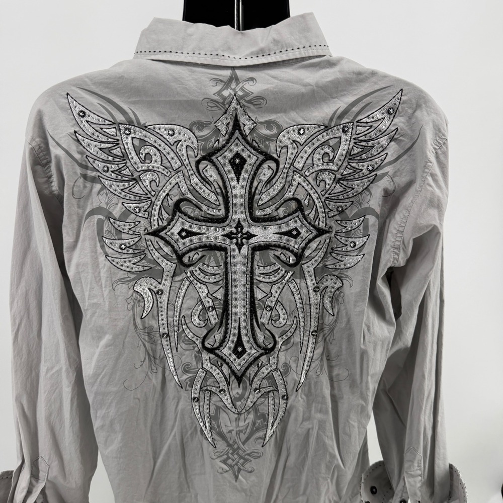 Victorious Button Down Mens L Gray Cross Wing Embroidered Long Sleeve Y2K Biker